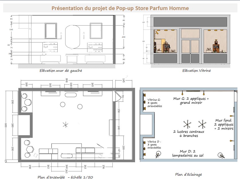 plans cotés d'aménagement décoration du magasin éphémère